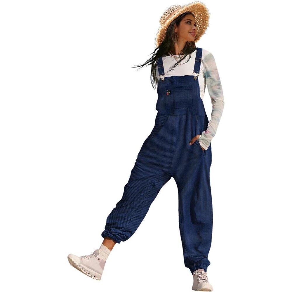 Women's Navy Blue Casual Sleeveless Adjustable Straps Loose Harem Jumpsuits